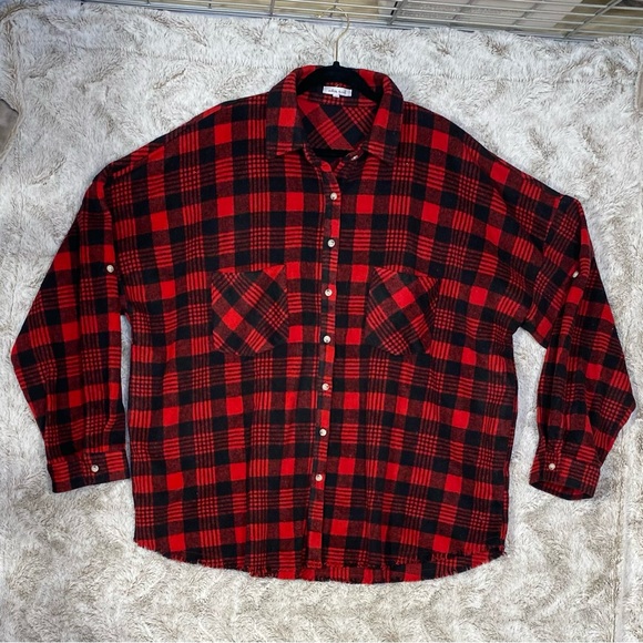 White Birch Plus Size Button Up Shacket Top Buffalo Plaid Red Black Size 3X - Picture 2 of 10